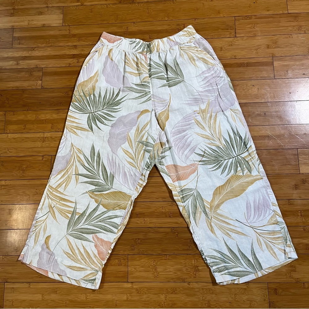 Tahari 100% Linen Tropical Leaf Print Pastel Wide Leg Crop Casual Pants - Picture 2 of 10